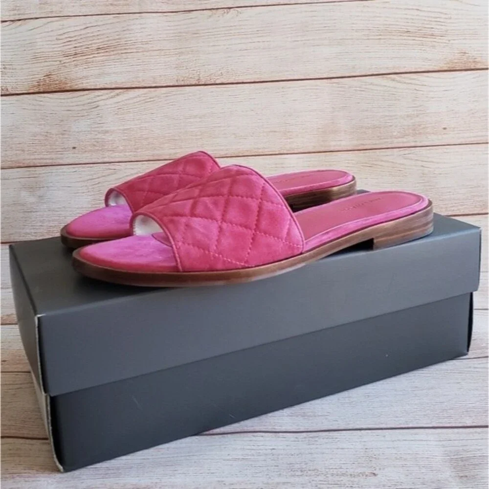 Ann Taylor Lyra Suede Quilted Slide Open Toe Sandals Pink Women's Size 7.5